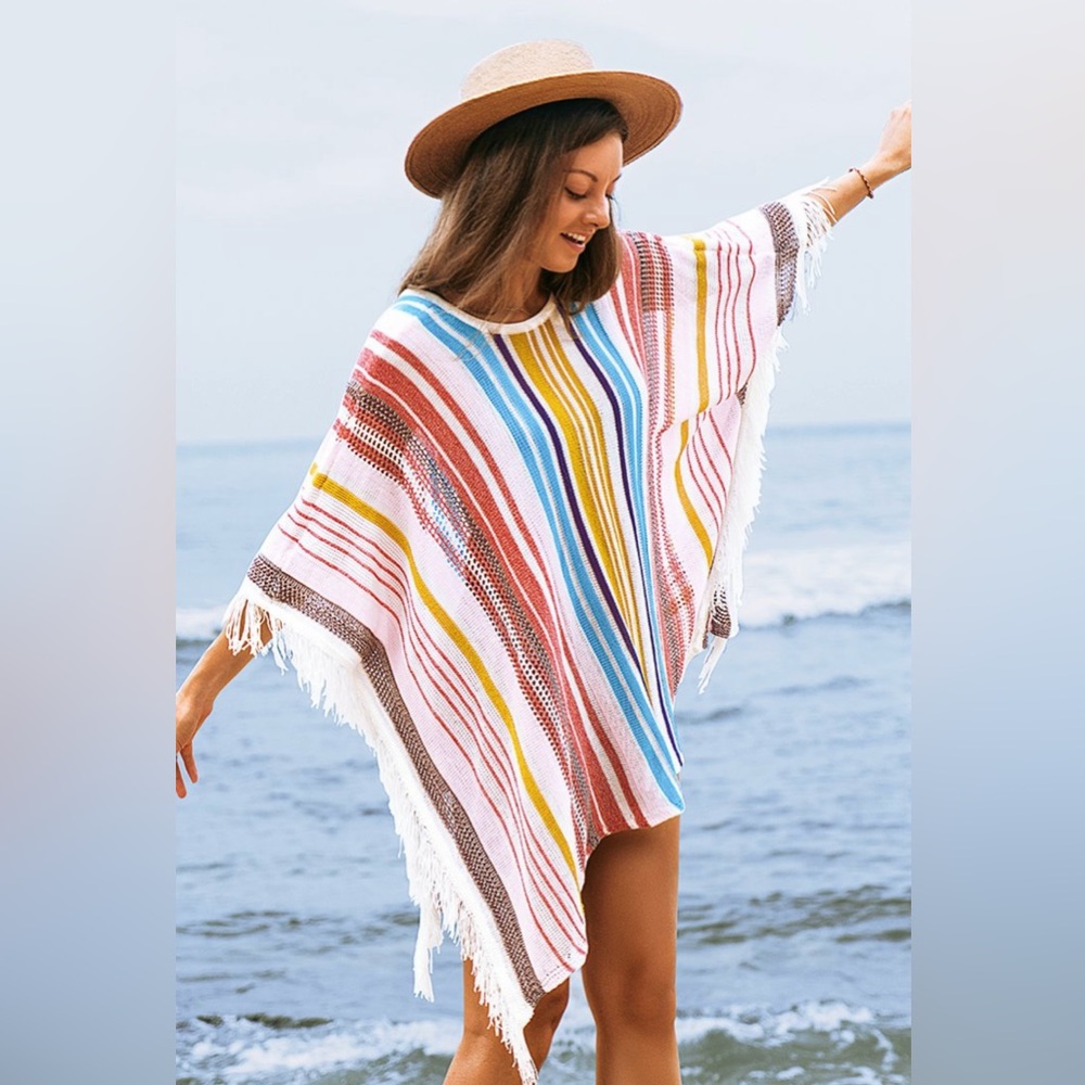 CUPSHE Striped Fringe Poncho Cover-Up